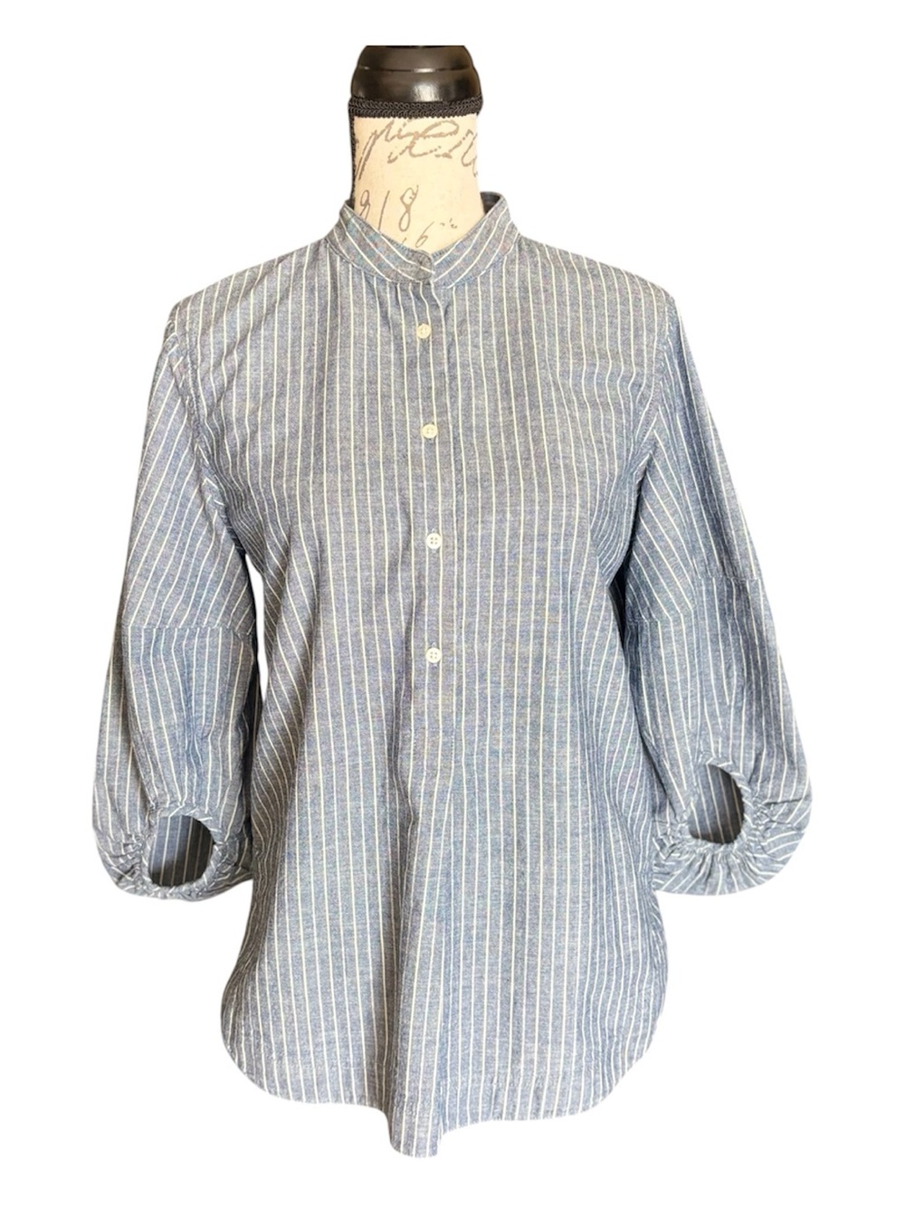 Lauren Ralph Lauren Blue White Stripe Mandarin Collar Balloon Sleeve Shirt M